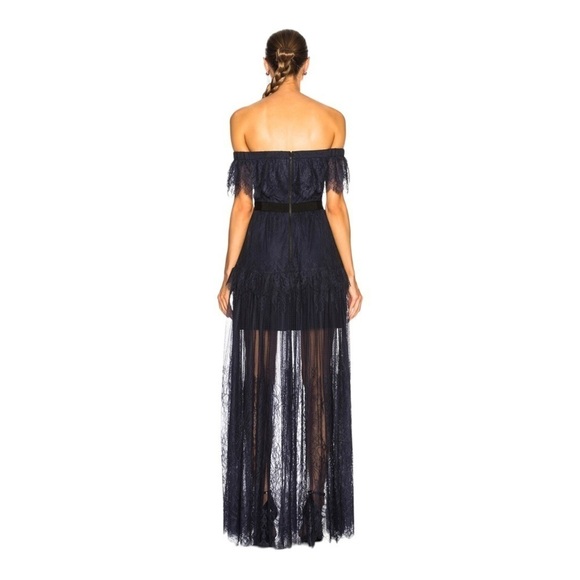 NWT SELF-PORTRAIT Navy Blue Off the Shoulder Fine Lace Maxi Dress US 2 Formal - Picture 4 of 16